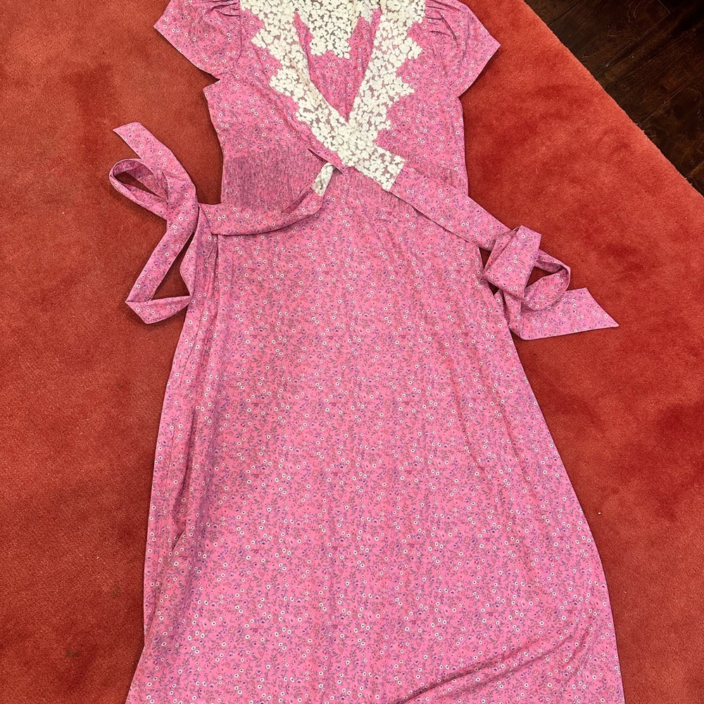 LoveShackFancy Pink Floral Dress with White Lace